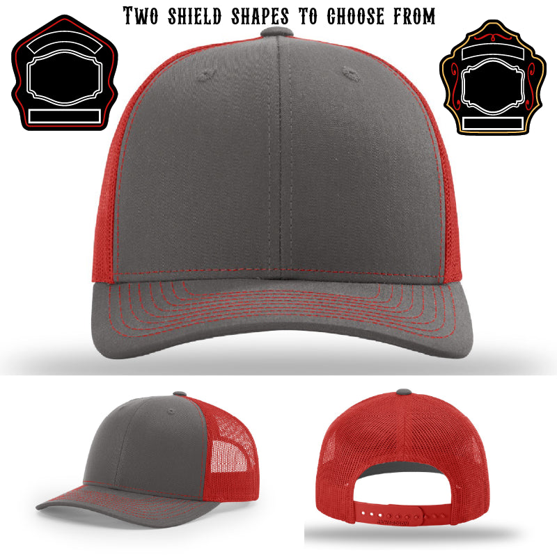 Firefighter hat showing two shield patch samples