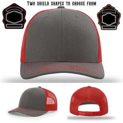 Firefighter hat showing two shield patch samples
