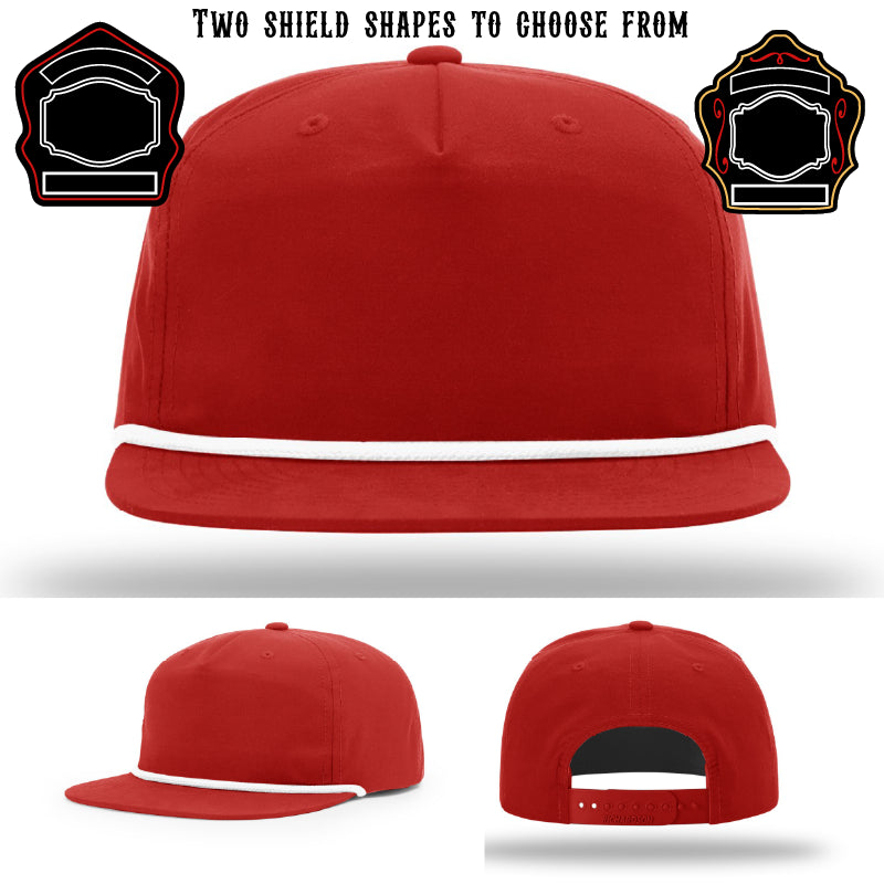 Firefighter hat featuring two shield patch variations