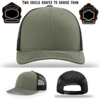 Station hat with two examples of shield patch shapes