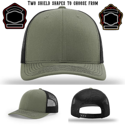 Station hat with two examples of shield patch shapes