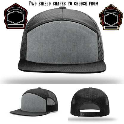 Custom firefighter hat showing two shield patch styles