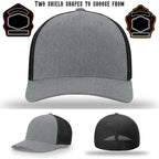 Firehouse hat displayed with two firefighter shield patches