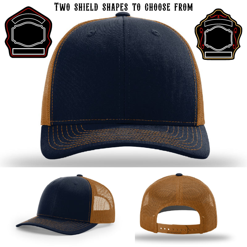 Firefighter hat with two sample shield patch designs