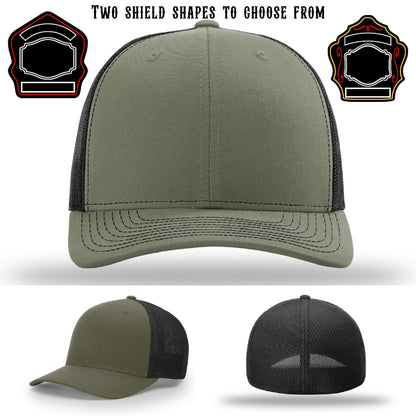 Station hat displayed with two firefighter shield patch options
