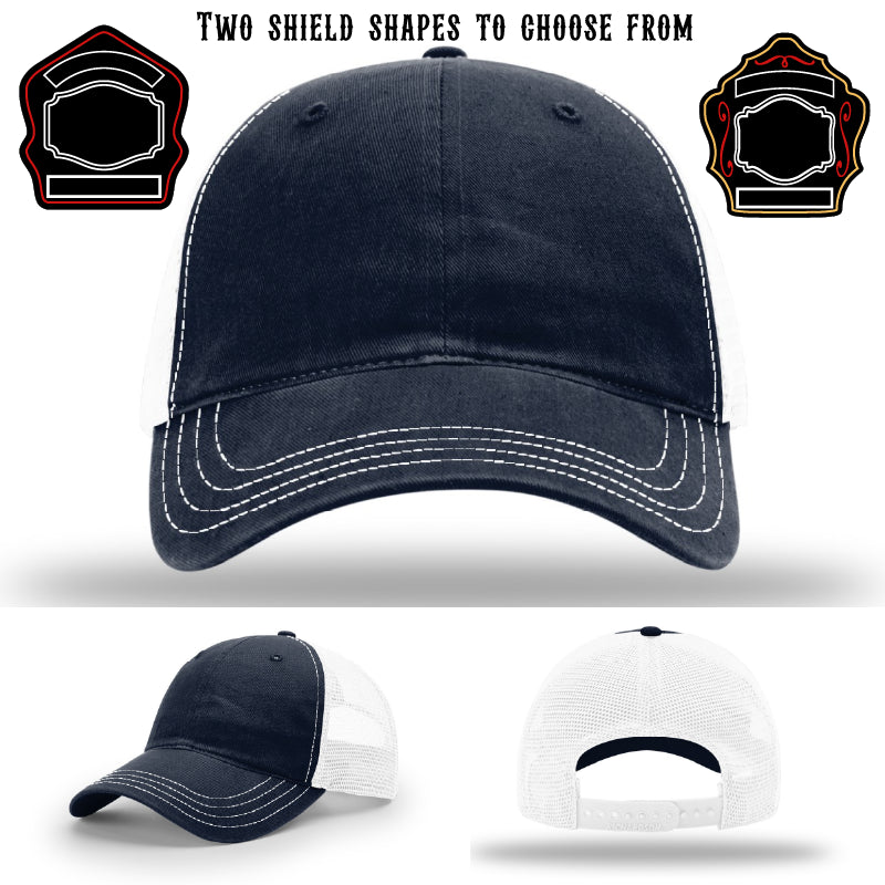 Custom firefighter hat featuring two shield patch samples