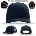 Firefighter hat displayed with two shield patch shapes