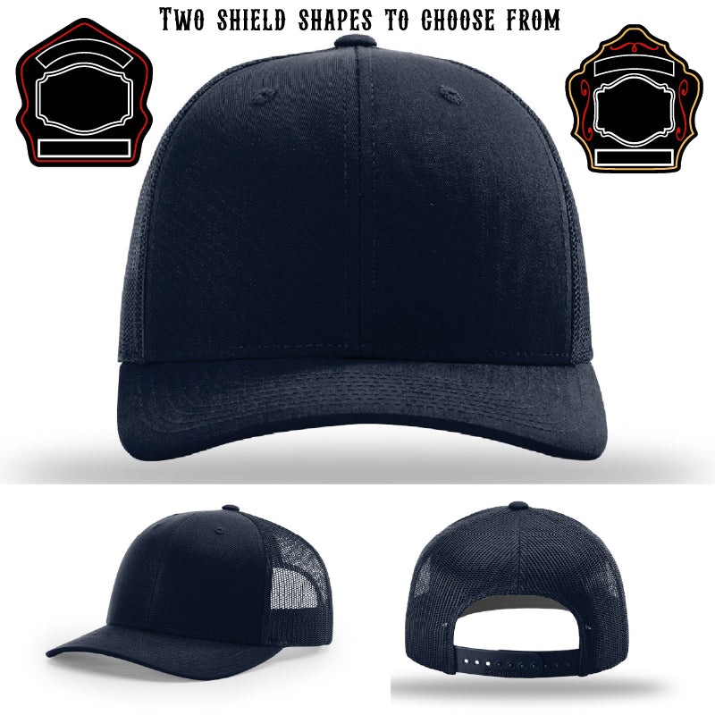 Firefighter hat displayed with two shield patch shapes