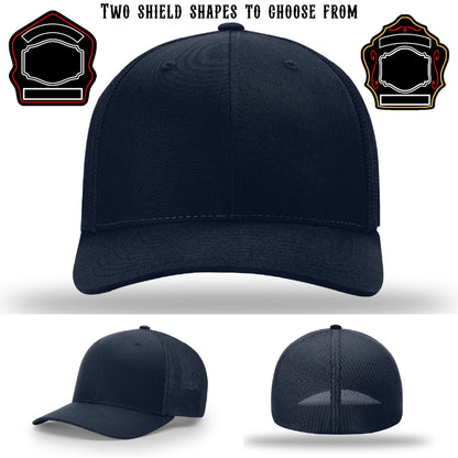 Station hat showing two firefighter shield patch examples