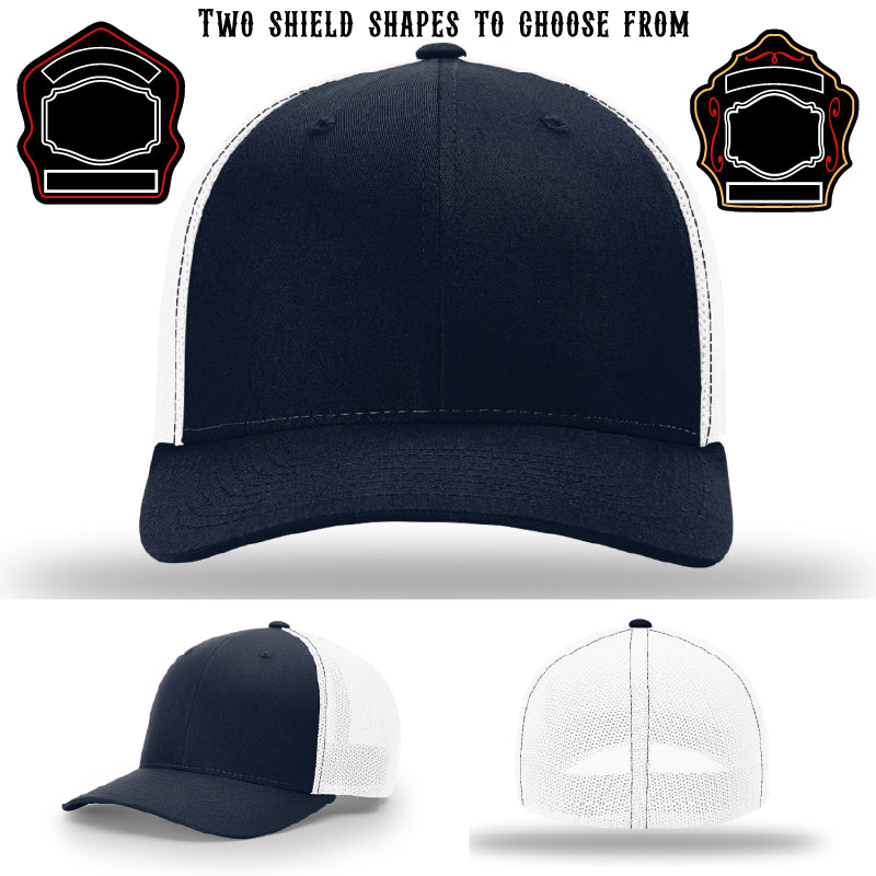 Fire department hat featuring two shield patch designs