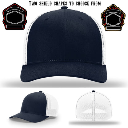 Fire department hat featuring two shield patch designs