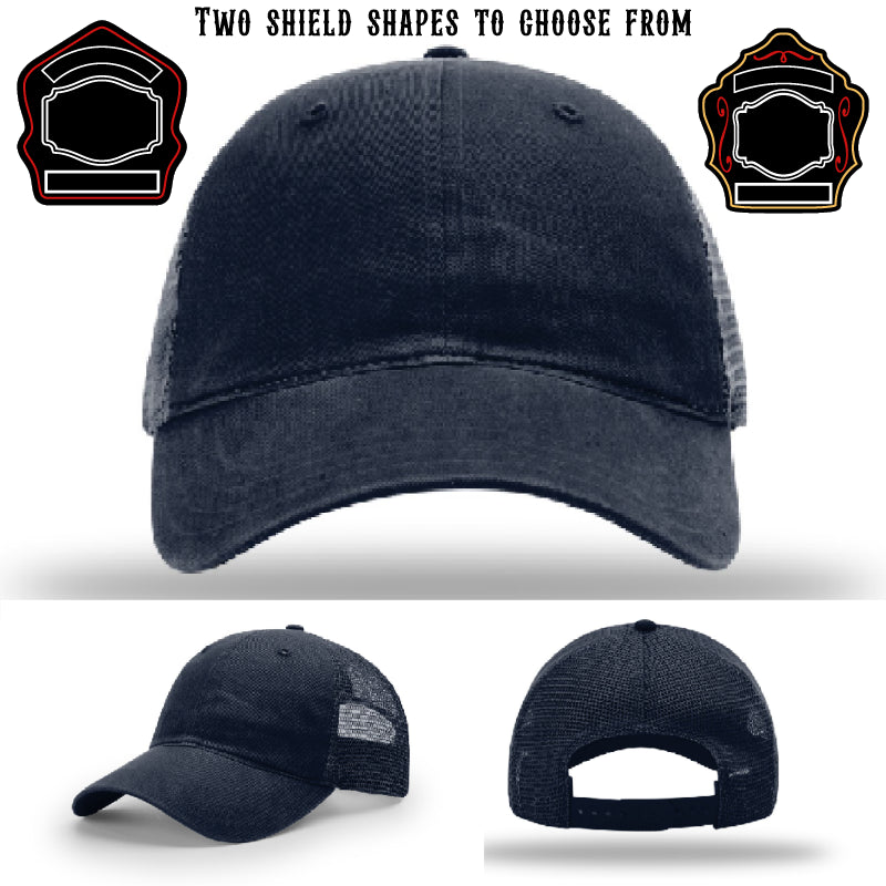 Firefighter hat showing two variations of shield patches