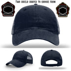 Firefighter hat showing two variations of shield patches