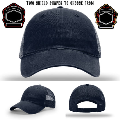 Firefighter hat showing two variations of shield patches