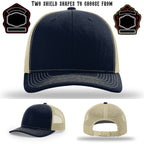 Station hat displayed with two shield patch shape examples