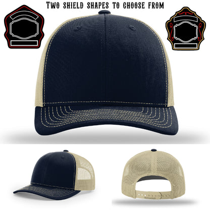 Station hat displayed with two shield patch shape examples
