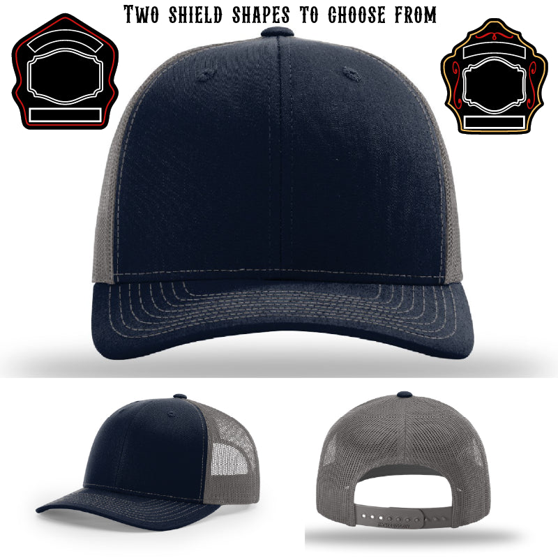 Firefighter hat featuring two sample firefighter shield patches