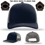 Firefighter hat featuring two sample firefighter shield patches