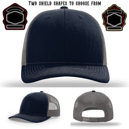 Firefighter hat featuring two sample firefighter shield patches