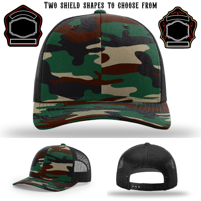 Custom firefighter hat showing two shield patch examples