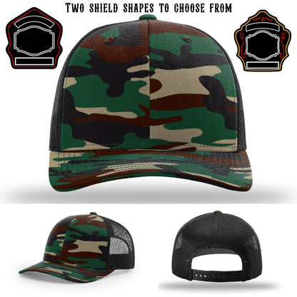 Custom firefighter hat showing two shield patch examples