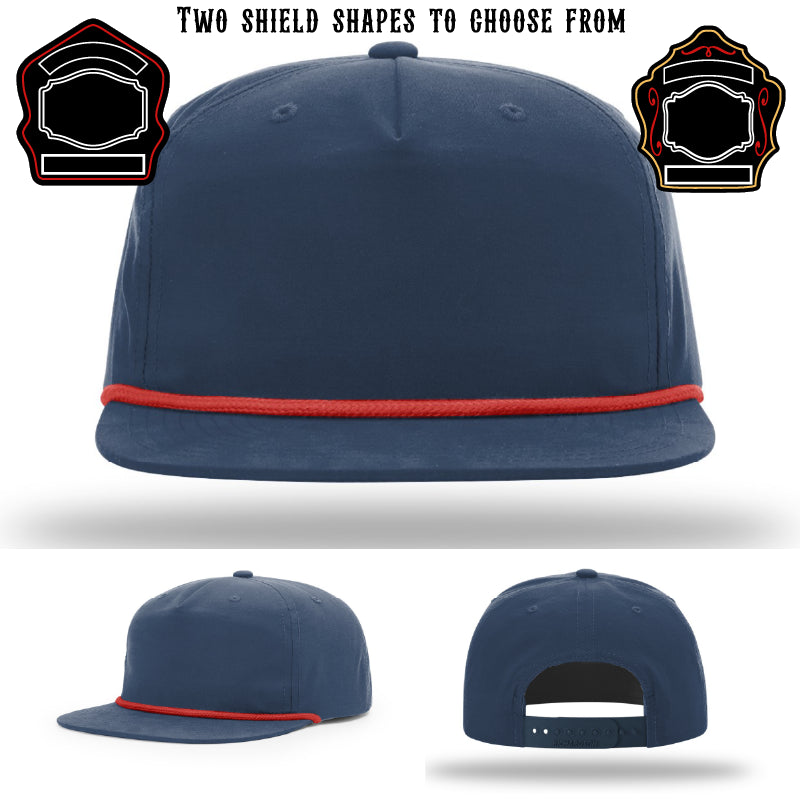 Station hat with two firefighter shield patch design samples