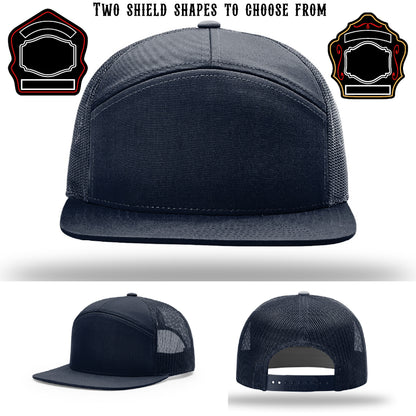 Firefighter hat displayed with two shield patch style options