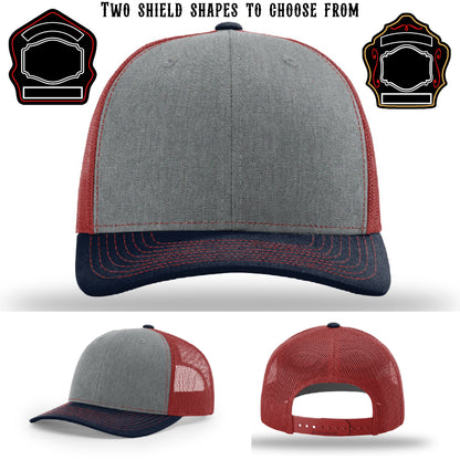 Custom station hat featuring two shield patch examples