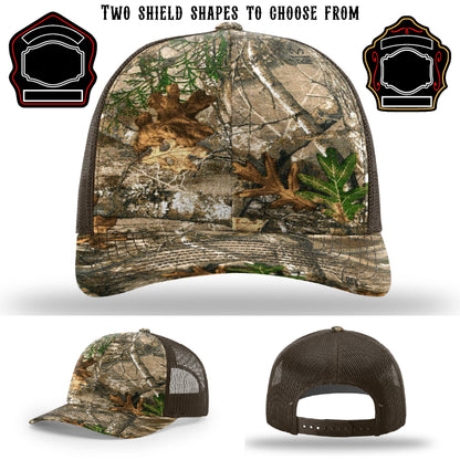 Firefighter hat with two firefighter shield patch variations