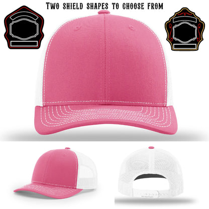 Custom firefighter hat showing two shield patch samples