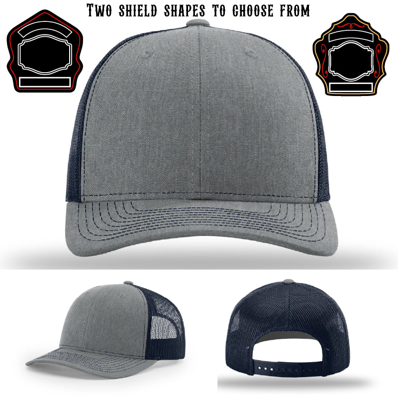 Firefighter hat with two custom shield patch designs