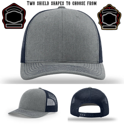 Firefighter hat with two custom shield patch designs