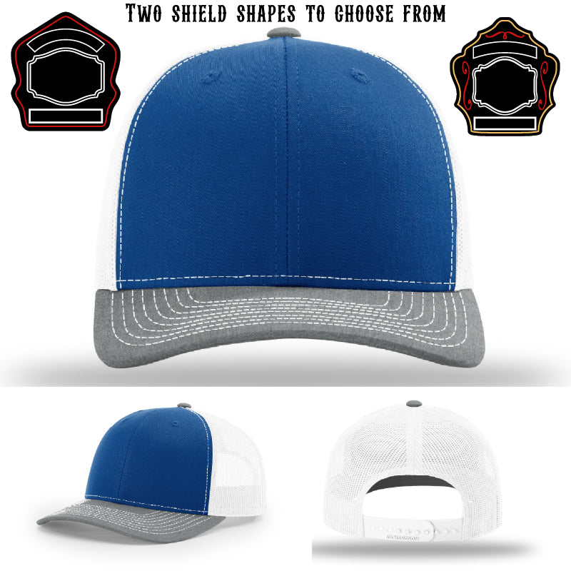 Station hat showing two firefighter shield patch examples