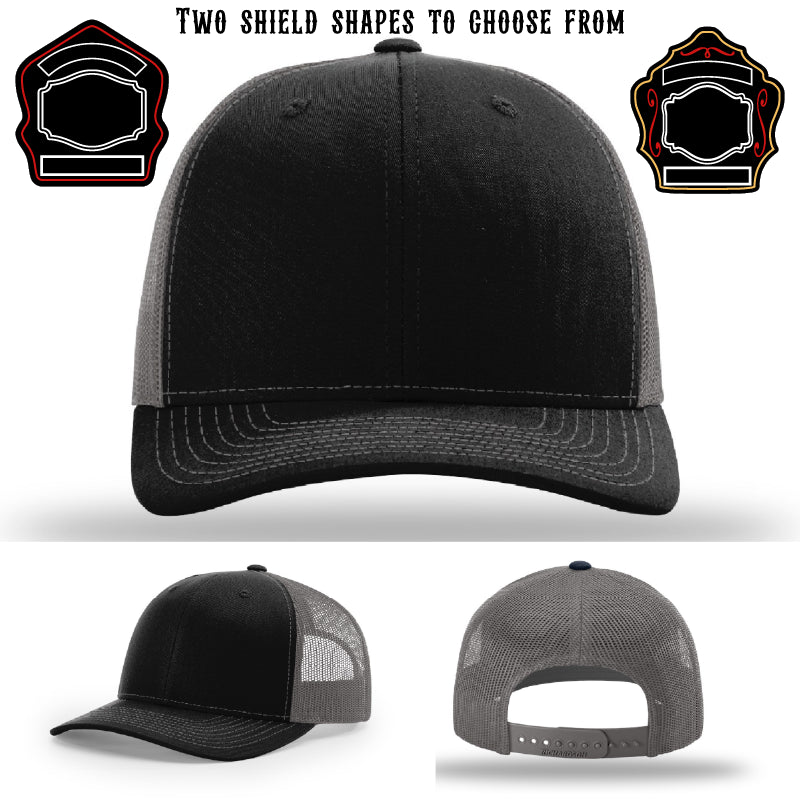 Fire department hat showing two shield patch design options