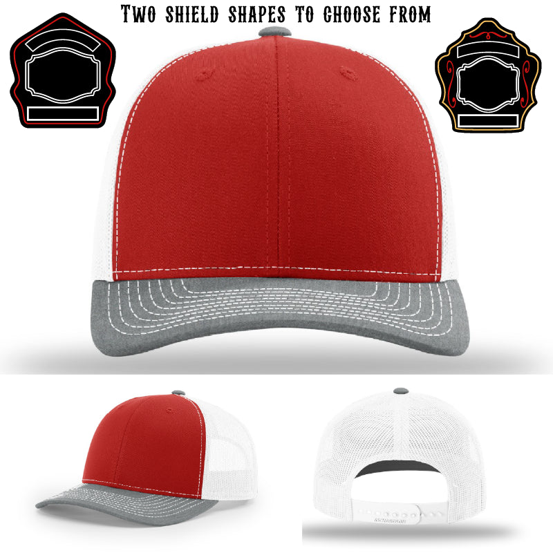 Firefighter station hat with two shield patch examples