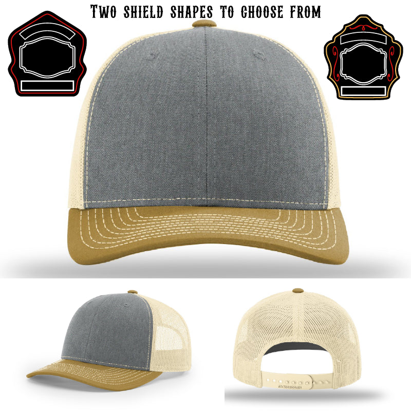 Station hat displayed with two firefighter shield patch samples