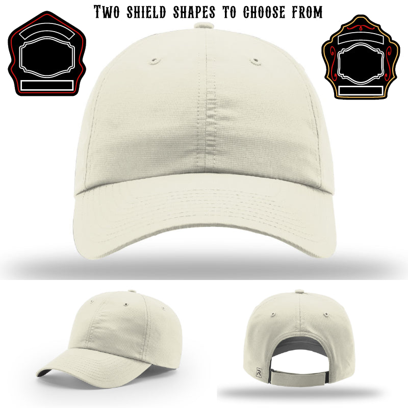 Firefighter hat showing two shield patch style examples