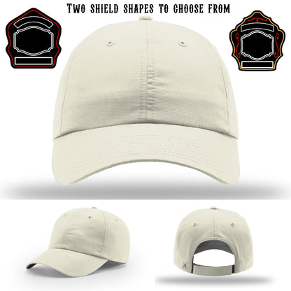 Firefighter hat showing two shield patch style examples