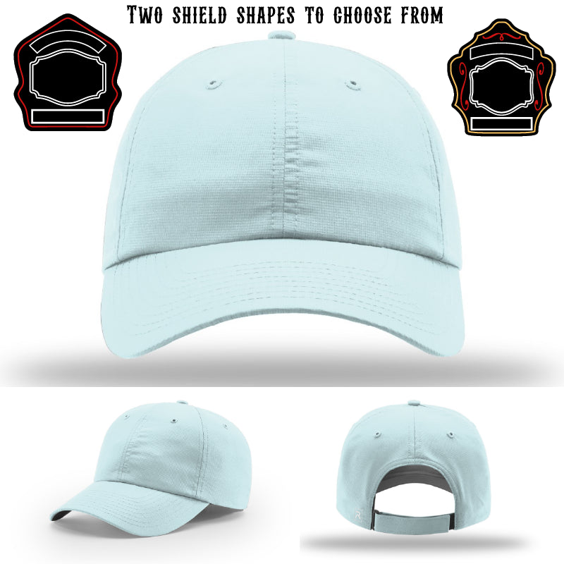 Custom firefighter hat displayed with two shield patch variations