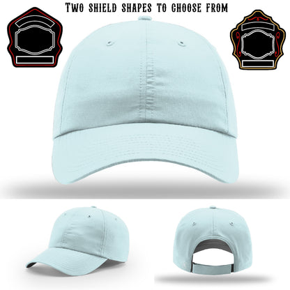 Custom firefighter hat displayed with two shield patch variations