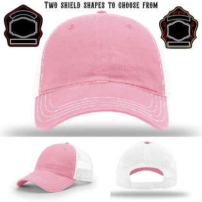 Firehouse hat featuring two firefighter shield patch examples