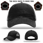 Firefighter hat with two sample shield patch shape examples