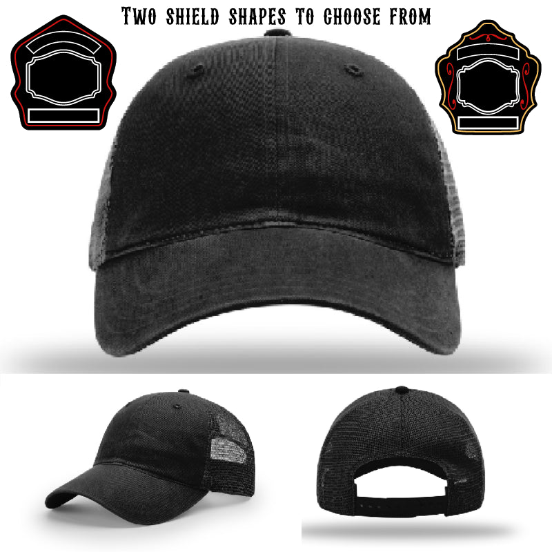 Firefighter hat with two sample shield patch shape examples