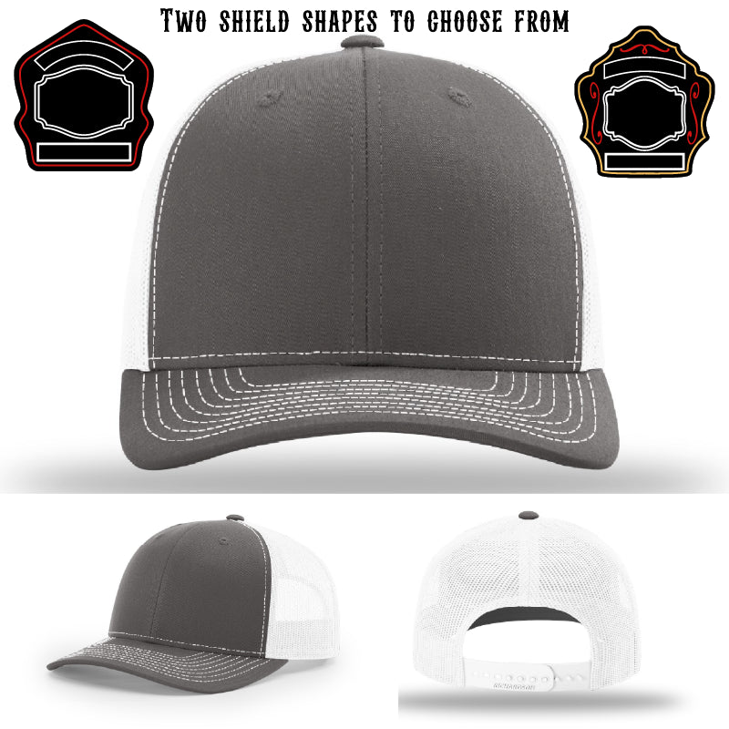 Custom station hat featuring two shield patch styles