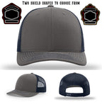 Firefighter hat displayed with two shield patch variations