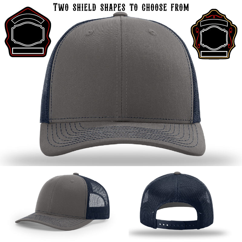 Firefighter hat displayed with two shield patch variations