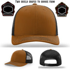 Station hat showing two examples of shield patch designs