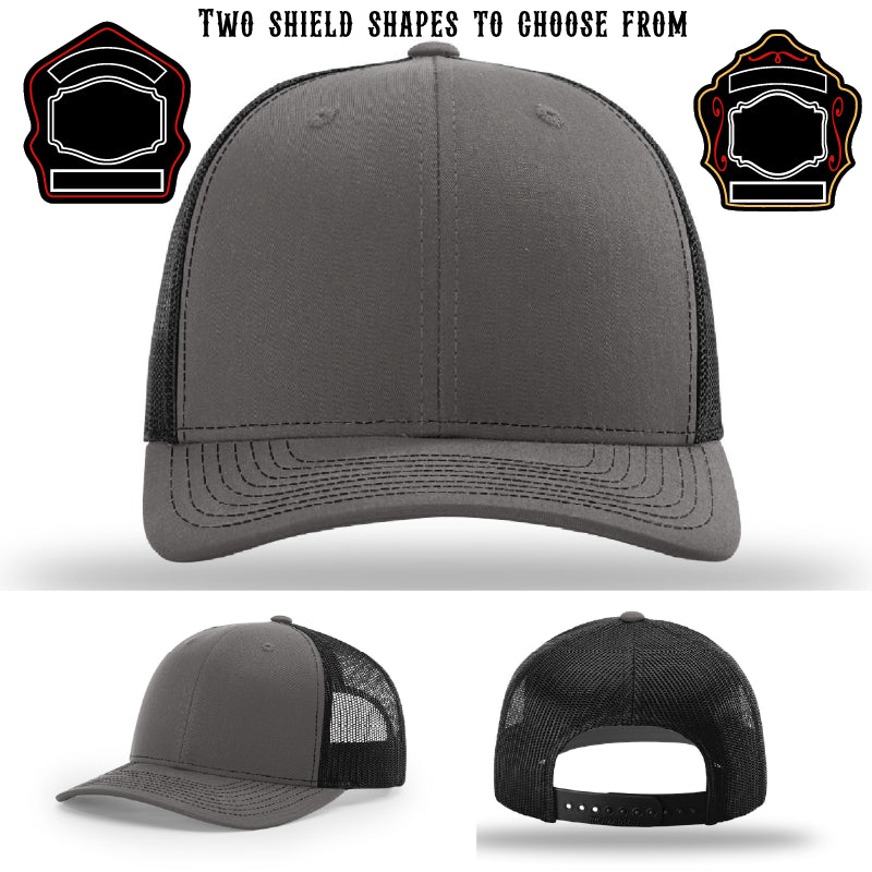 Custom firefighter hat with two shield patch samples