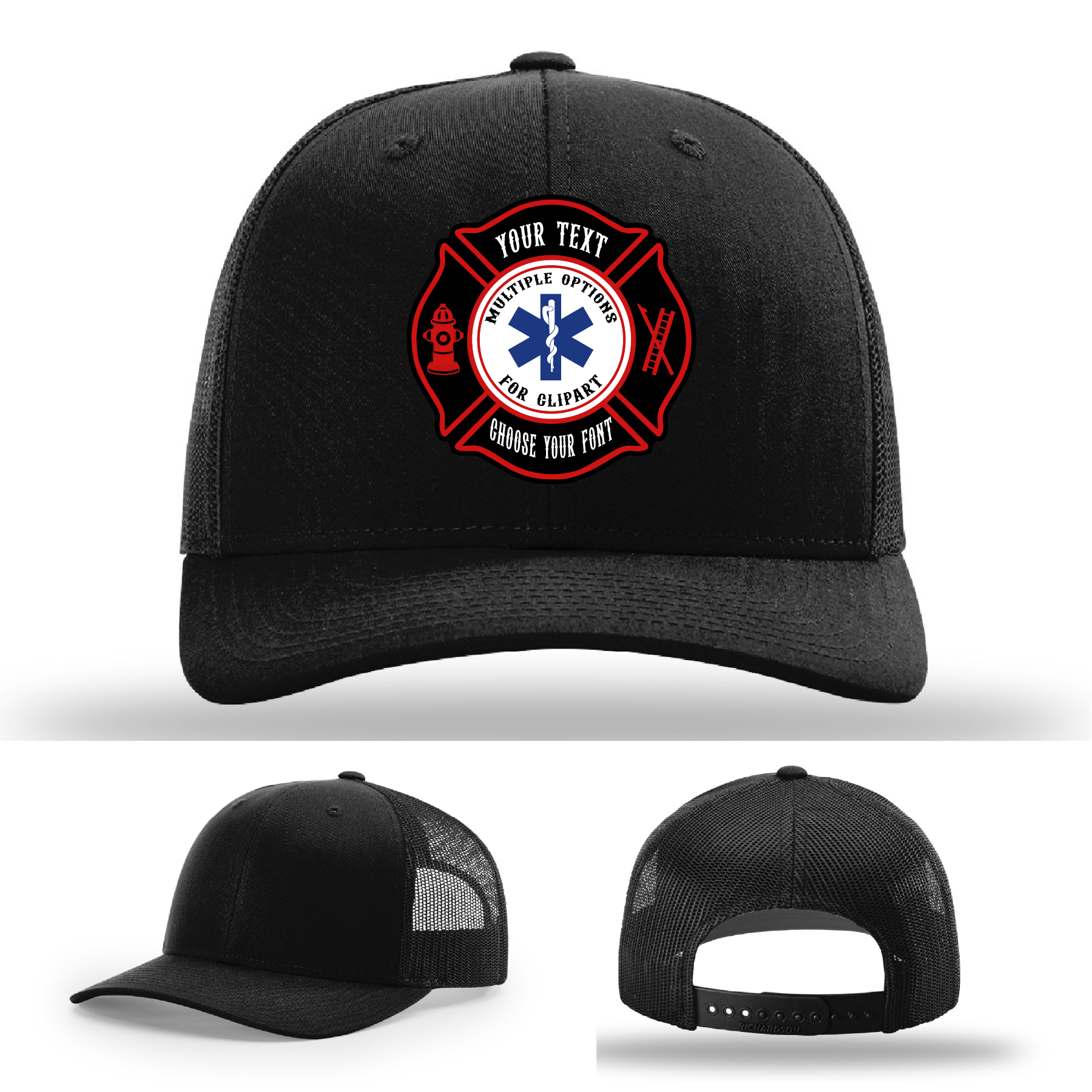Front view firefighter hat with two full color Maltese patch shape options