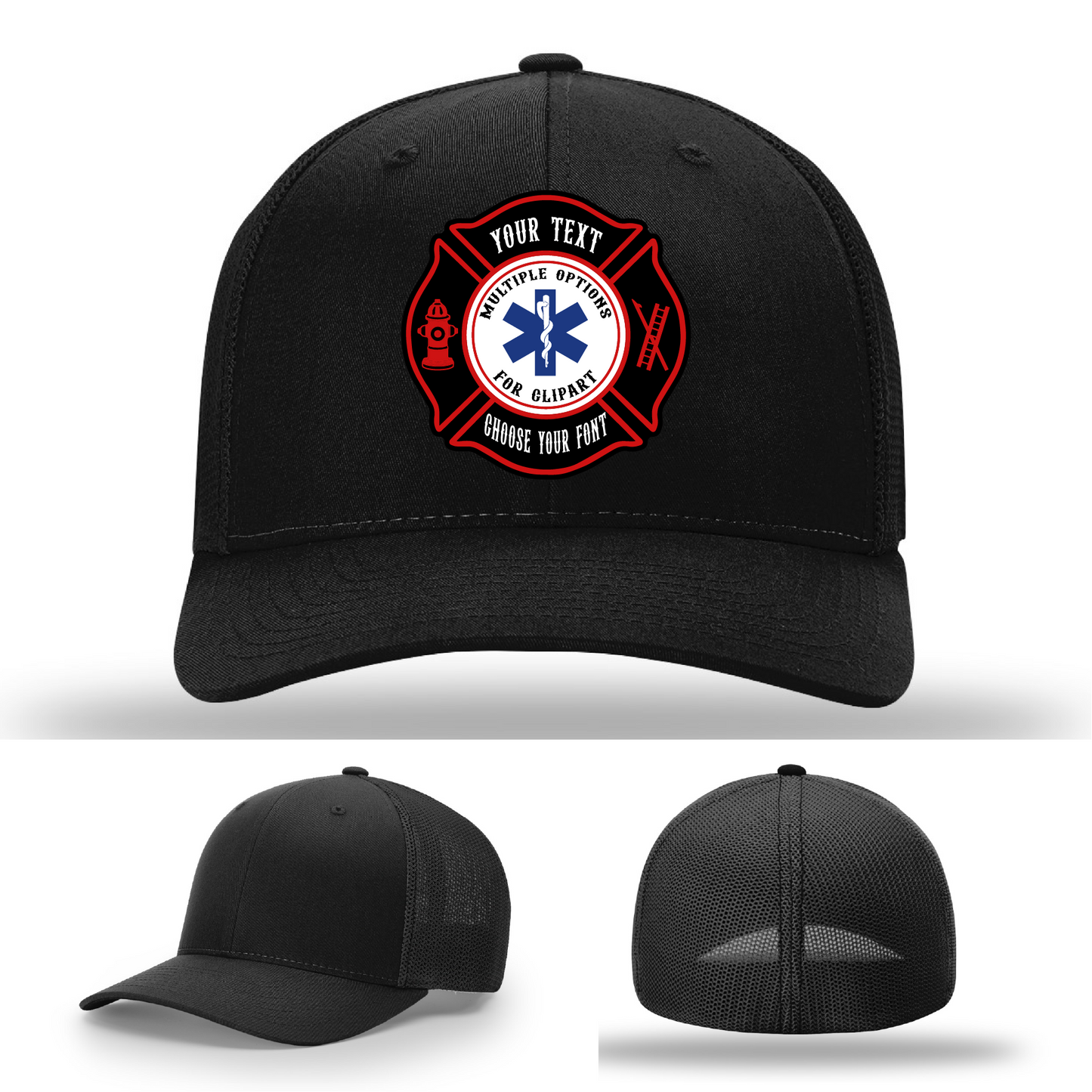 Custom firefighter hat showing front design with dual Maltese patches